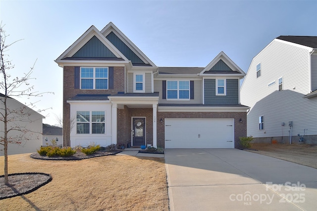 view of front of home featuring driveway, brick siding, an attached garage, board and batten siding, and a front yard