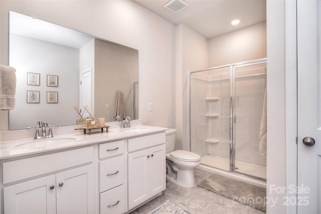 bathroom with toilet, a sink, visible vents, and a shower stall