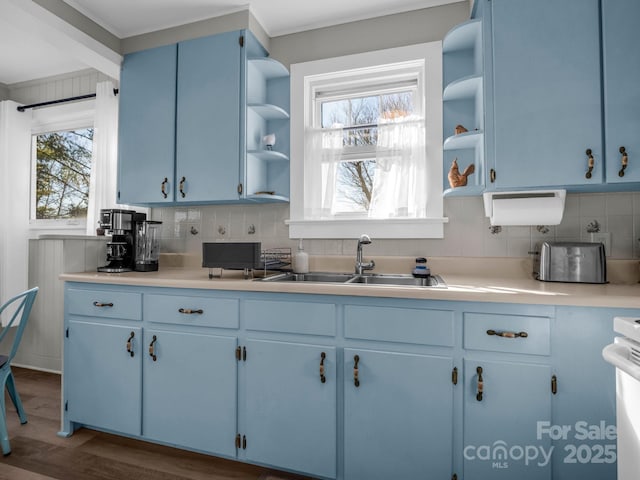 kitchen with blue cabinetry, open shelves, light countertops, decorative backsplash, and a sink