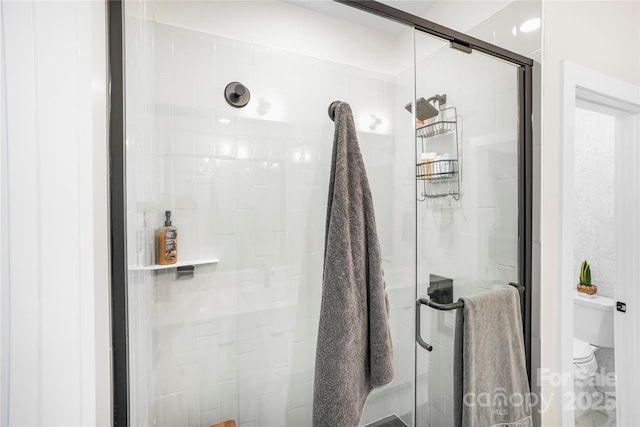 full bathroom featuring a stall shower and toilet