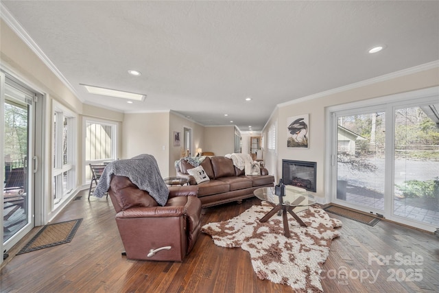 living area featuring crown molding, plenty of natural light, wood finished floors, and a textured ceiling