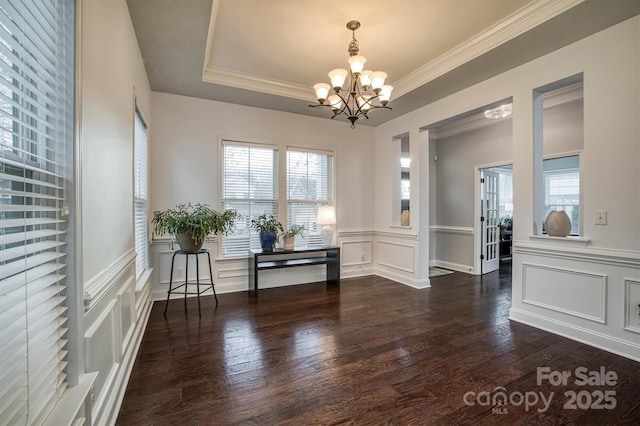 unfurnished dining area with a healthy amount of sunlight, a raised ceiling, dark wood finished floors, and a decorative wall