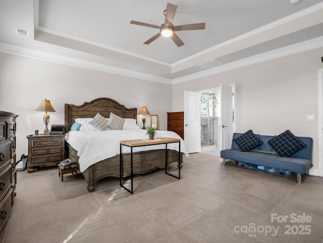 bedroom with a raised ceiling, crown molding, and ceiling fan