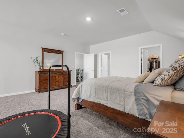 carpeted bedroom featuring a spacious closet, vaulted ceiling, and a closet