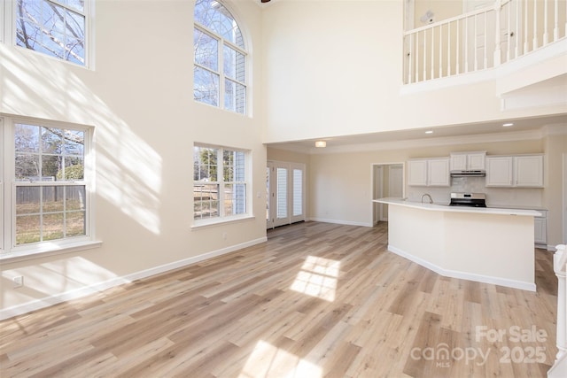 unfurnished living room with ornamental molding, a towering ceiling, and light hardwood / wood-style floors