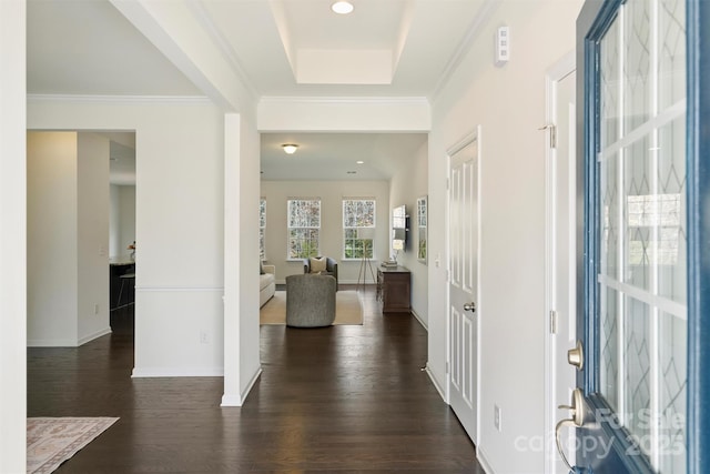 entrance foyer with ornamental molding and dark wood-type flooring