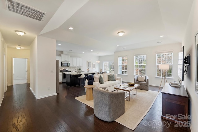 living room with dark wood-type flooring and sink