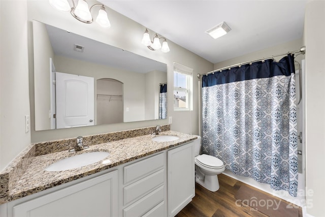 bathroom featuring wood-type flooring, vanity, and toilet