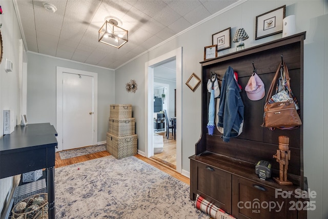 mudroom with hardwood / wood-style flooring and ornamental molding