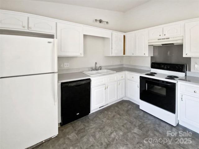 kitchen with black dishwasher, sink, white cabinets, white fridge, and electric stove