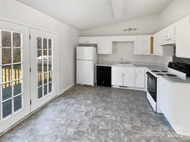 kitchen with sink, dishwasher, white refrigerator, range with electric stovetop, and white cabinets