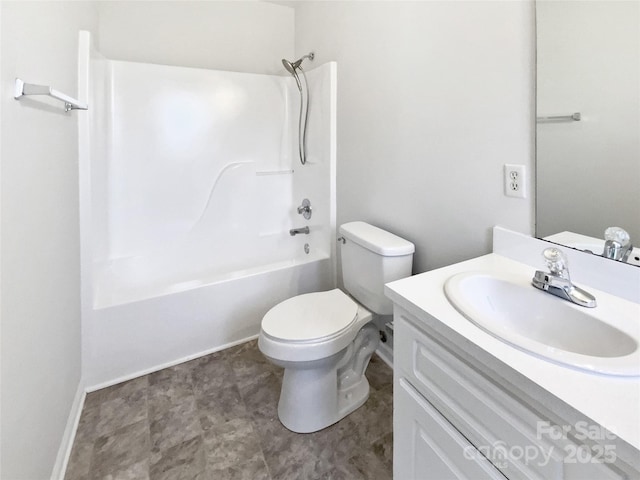 full bathroom with toilet, vanity, and shower / washtub combination