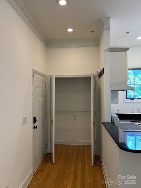 hall featuring crown molding and light hardwood / wood-style flooring