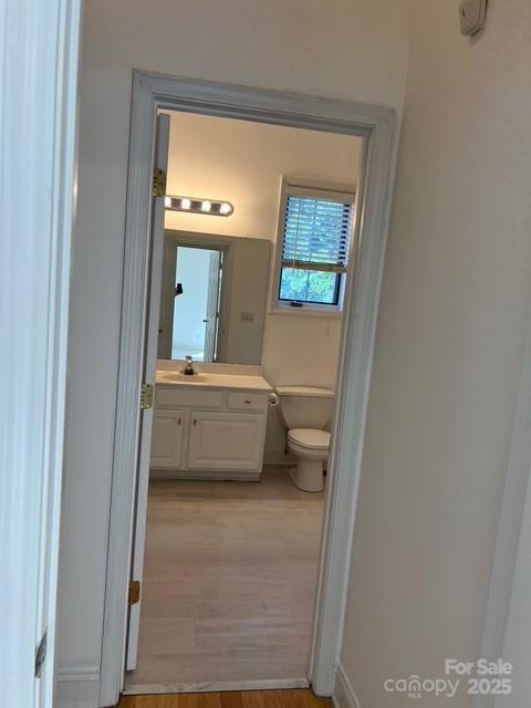 bathroom with hardwood / wood-style flooring, vanity, and toilet