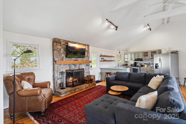 423 Grouse Thicket Rd Unit 238, Mars Hill, NC 28754 - living area featuring wood finished floors, a fireplace, and rail lighting