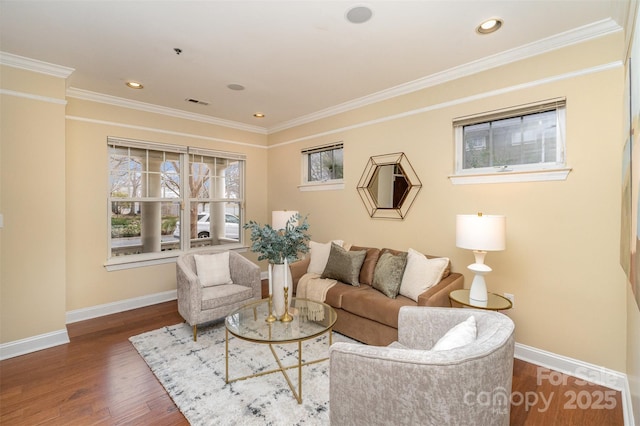 living room with dark wood-type flooring and ornamental molding