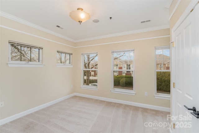 carpeted spare room featuring crown molding