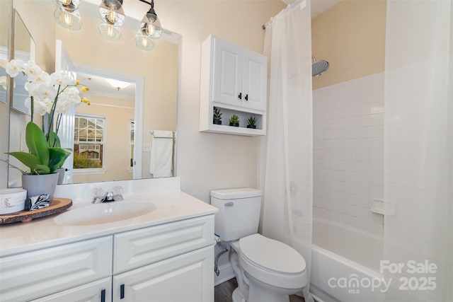 full bathroom with shower / bath combo, vanity, and toilet