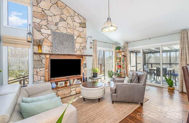 living room with high vaulted ceiling and wood finished floors