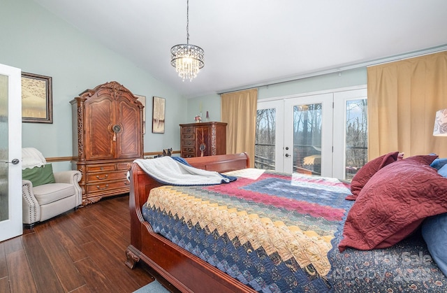 bedroom with french doors, a notable chandelier, dark wood-type flooring, vaulted ceiling, and access to outside