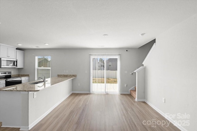 kitchen featuring stone counters, appliances with stainless steel finishes, sink, kitchen peninsula, and light wood-type flooring