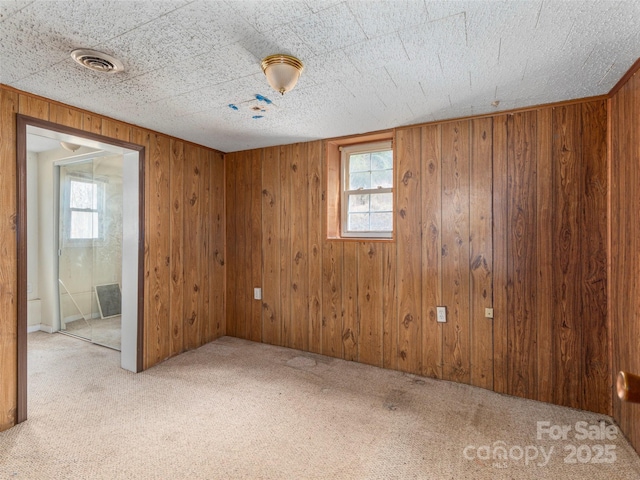 carpeted empty room featuring wood walls