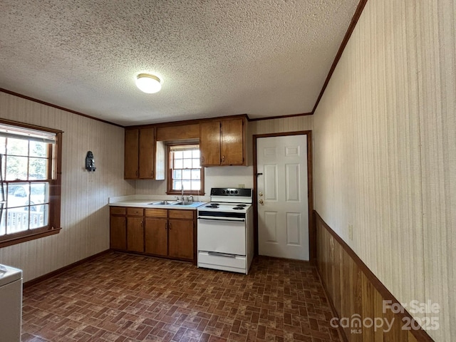 kitchen featuring crown molding, sink, a textured ceiling, and white range with electric stovetop