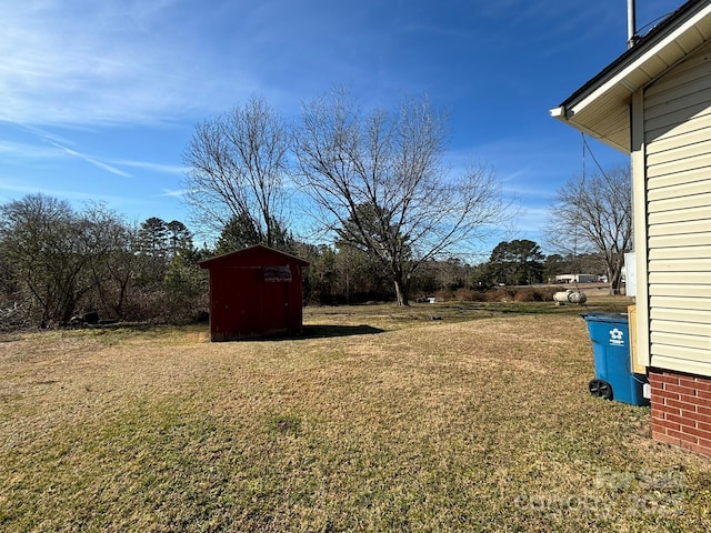 view of yard featuring a storage unit