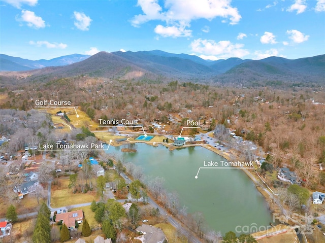 birds eye view of property with a water and mountain view