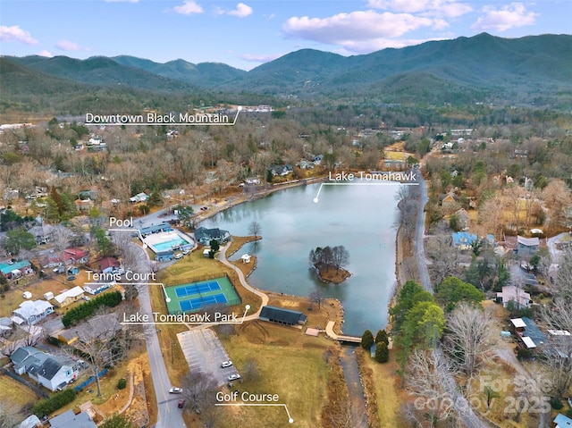 birds eye view of property featuring a water and mountain view