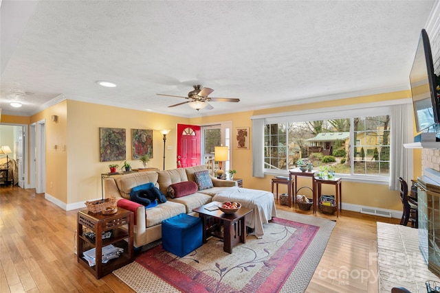 living room with crown molding, a fireplace, light hardwood / wood-style flooring, and a textured ceiling