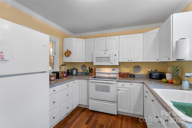 kitchen with sink, white cabinetry, ornamental molding, dark hardwood / wood-style flooring, and white appliances