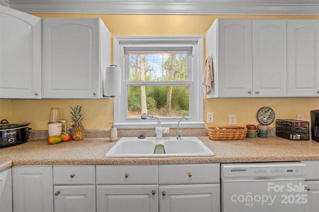 kitchen featuring dishwasher, sink, and white cabinets