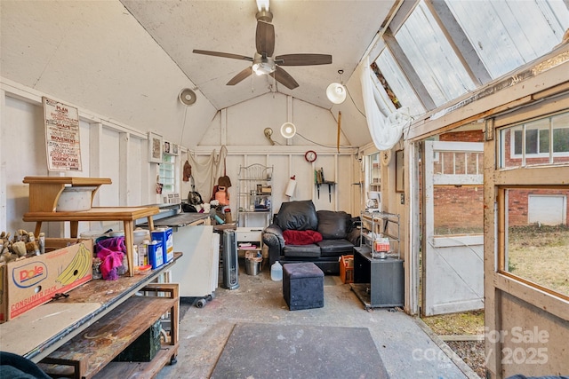 miscellaneous room featuring high vaulted ceiling and ceiling fan