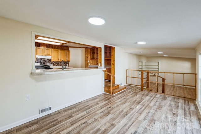 kitchen with tasteful backsplash, stainless steel range with electric cooktop, light hardwood / wood-style floors, and kitchen peninsula