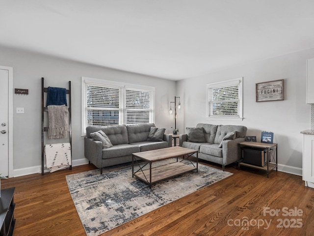 living room featuring dark wood-style floors, a wealth of natural light, and baseboards