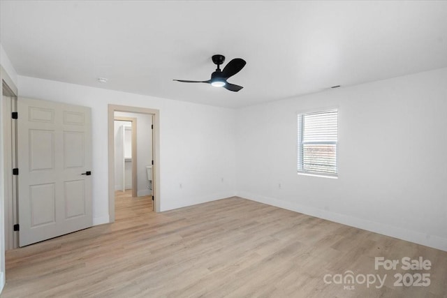 unfurnished bedroom featuring ceiling fan and light hardwood / wood-style floors