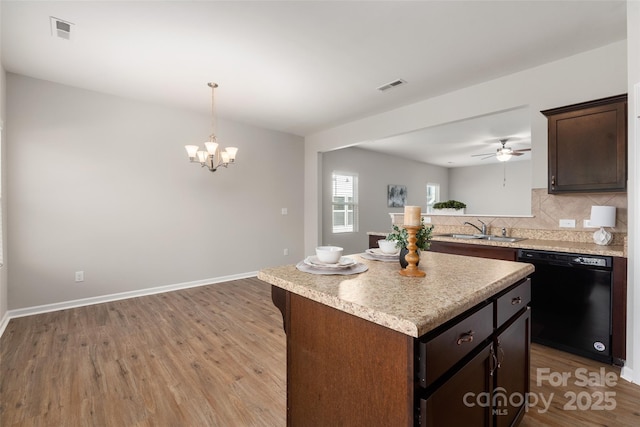 kitchen featuring a kitchen island, black dishwasher, sink, decorative backsplash, and dark brown cabinets