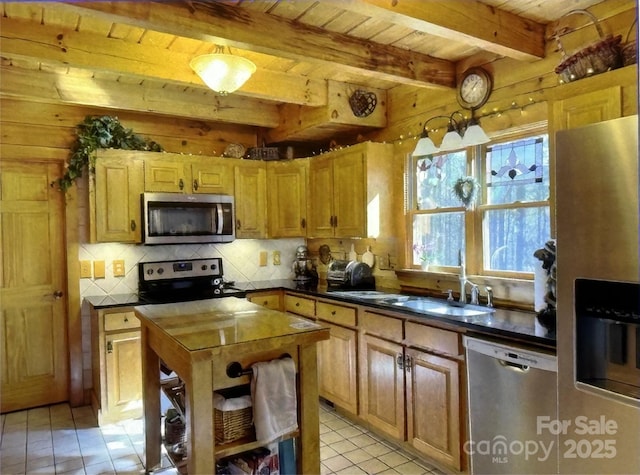 kitchen with stainless steel appliances, a sink, wood ceiling, tasteful backsplash, and dark countertops