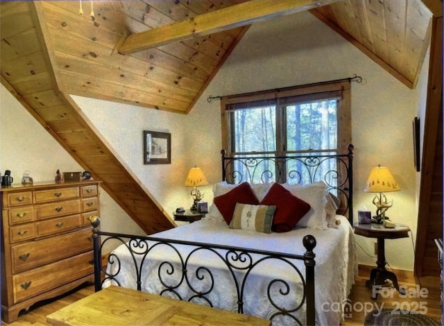 bedroom with vaulted ceiling with beams, wood ceiling, and wood finished floors