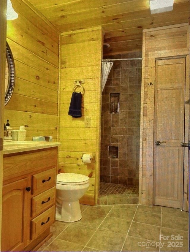 full bathroom with wooden ceiling, toilet, wood walls, vanity, and a shower stall