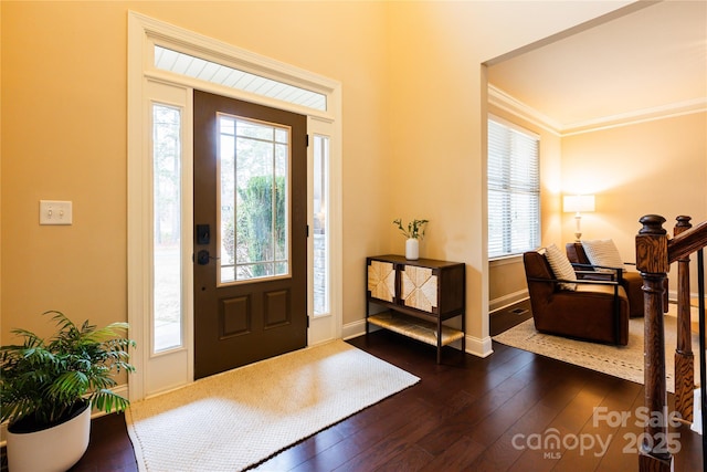 foyer entrance with ornamental molding and dark hardwood / wood-style flooring