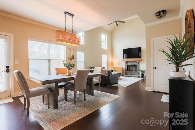 dining room with crown molding, high vaulted ceiling, dark wood-type flooring, and a fireplace