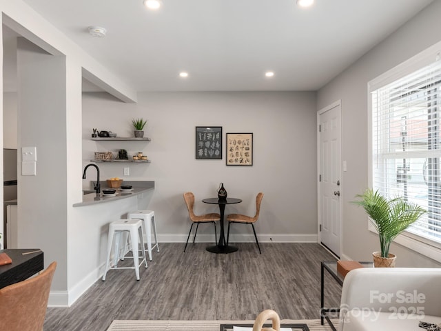 dining area featuring baseboards, wood finished floors, and recessed lighting