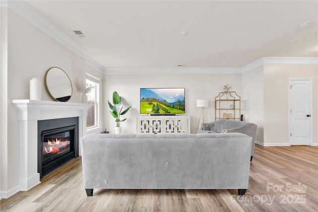 living room featuring crown molding and light hardwood / wood-style flooring