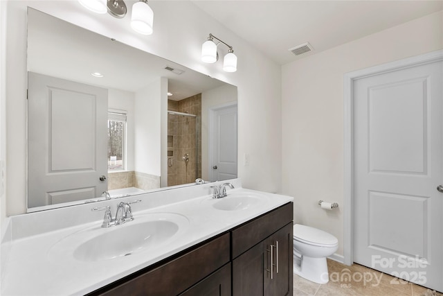 full bathroom with toilet, vanity, shower with separate bathtub, and tile patterned flooring