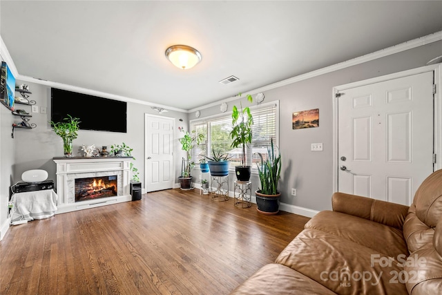 living room with crown molding and wood-type flooring