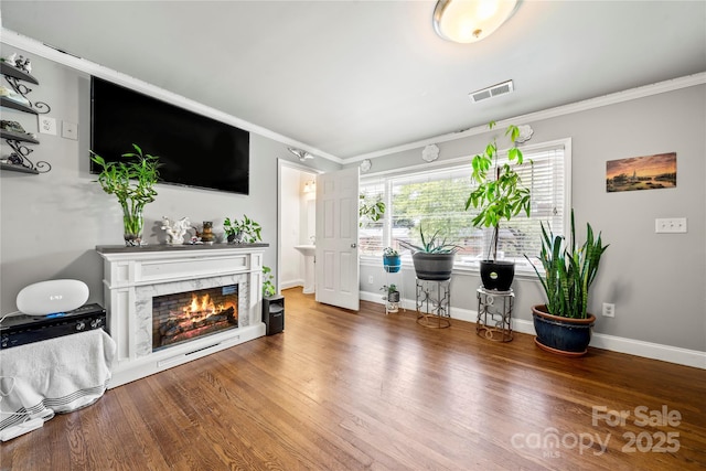 living room featuring wood-type flooring, ornamental molding, and a fireplace