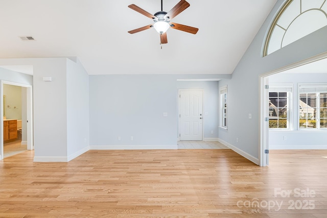 unfurnished living room featuring a ceiling fan, light wood-type flooring, visible vents, and baseboards