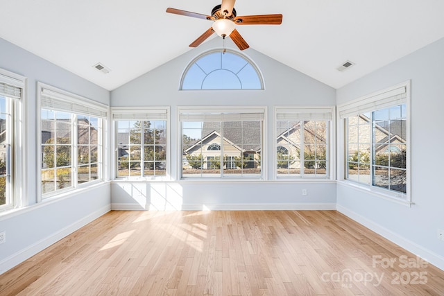 unfurnished sunroom with visible vents, vaulted ceiling, and a ceiling fan